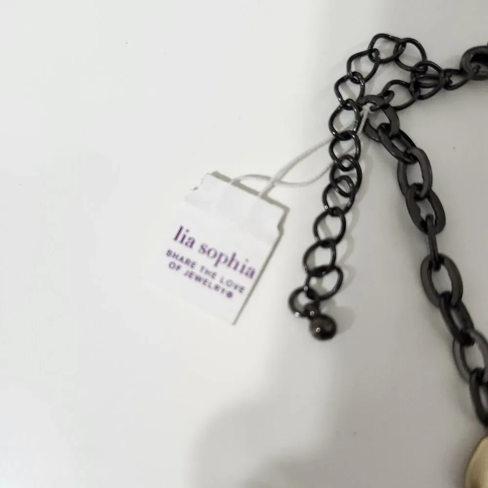 Lia Sophia Gold Tone Gun Metal Gray Long Necklace Dove Beaded Chain Ringlet
